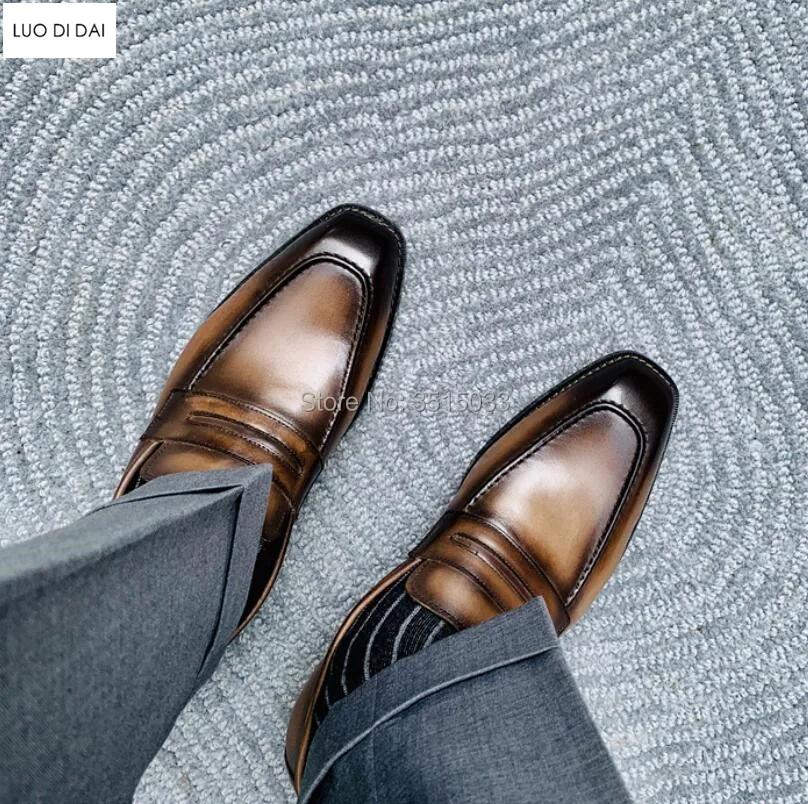 2019 New Men party loafers men wedding shoes gradient color casual business leather flats handmade vintage dress | Обувь