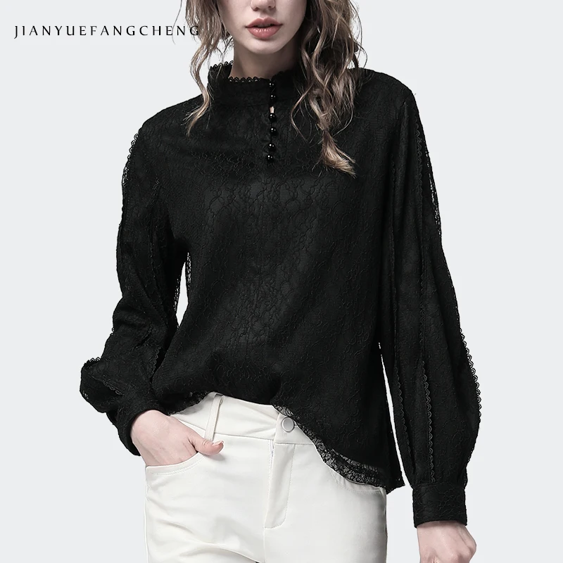 

Solid Lace Shirts Women 2018 Plus Size Office Lady Winter Tops Long Sleeve Warm Stand Collar Blouse Black Thicken Women Clothing