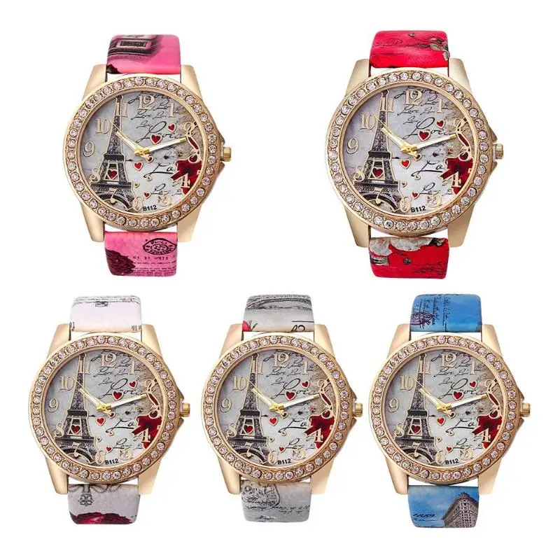 

Fashion Women Eiffel Tower Love Leather Strap Watches Diamond Wrist Watch