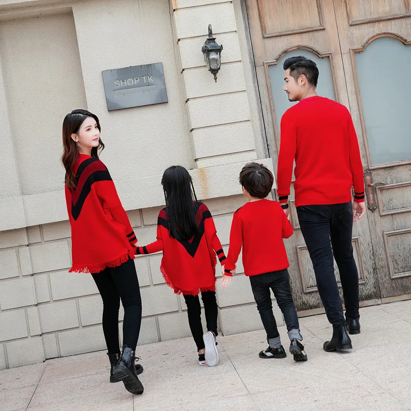 Family clothing set spring new fashion sweater men women kids matching long sleeve bat sleeves pullover | Мать и ребенок