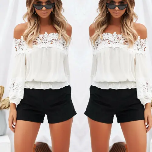 2019 White Ruffle Patchwork Slash Neck Fashion Women's Summer Off Shoulder Long Sleeve Casual Lace Blouse Loose Tops Shirt |
