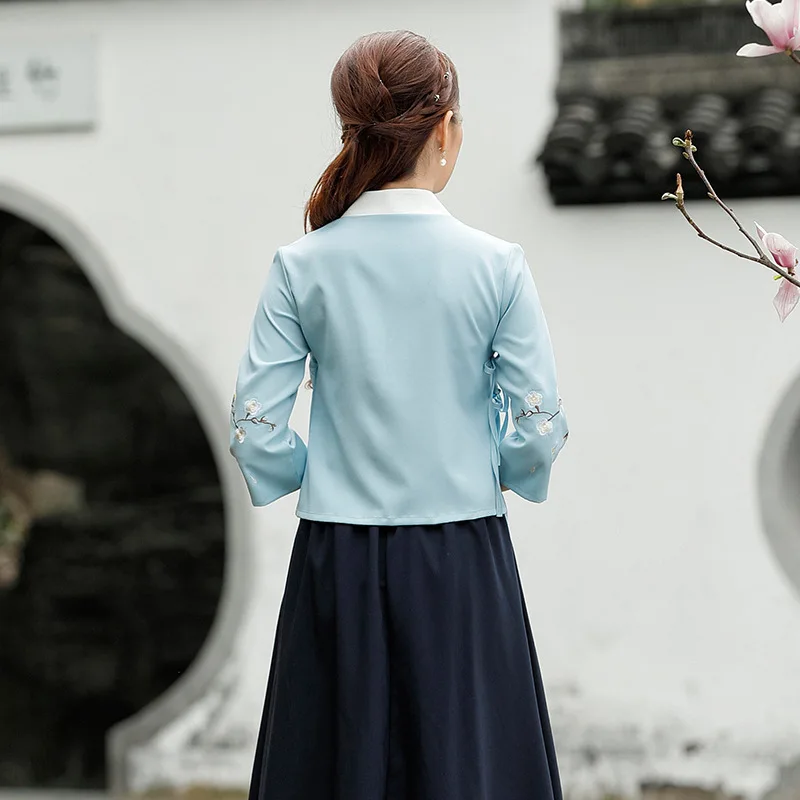 Женская рубашка в китайском стиле Hanfu Xia Pao синяя винтажная с вышивкой винтажном |