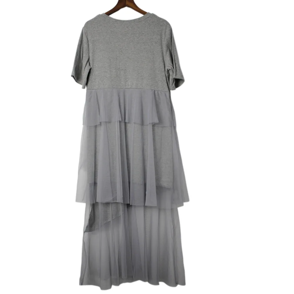 Women 2019 Summer New Korea Fashion O-neck Short Sleeve Loose Dress Female Patchwork Mesh Mid-calf | Женская одежда
