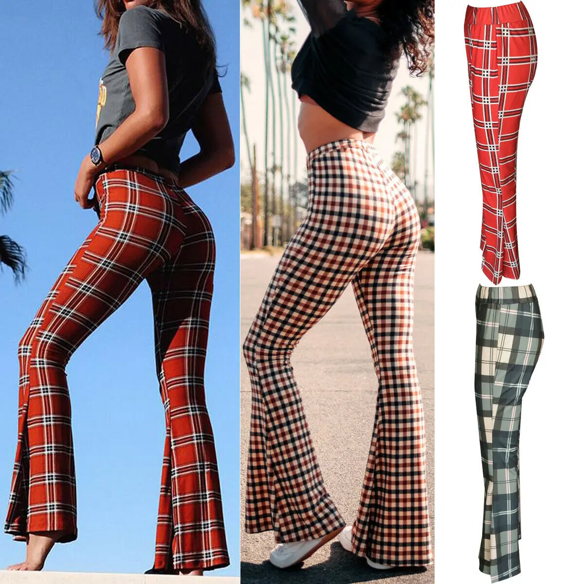 Брюки женские клетчатые с широкими штанинами модные облегающие эластичные брюки
