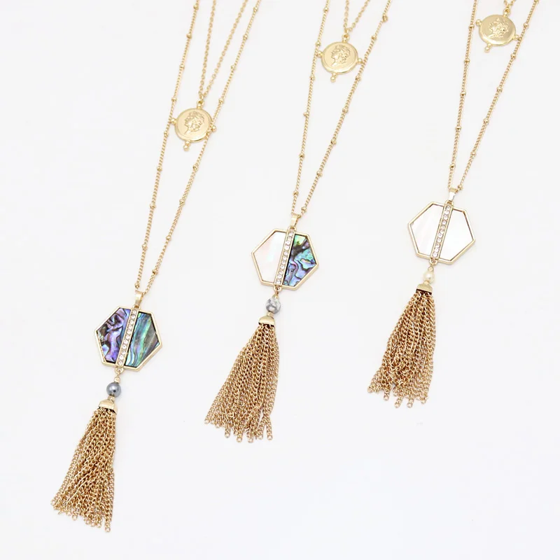 Fashion Square Hexagon Abalone Shell Pendant Metal Tassels Long Chain Sweater Necklace Geometric Body Jewelry | Украшения и