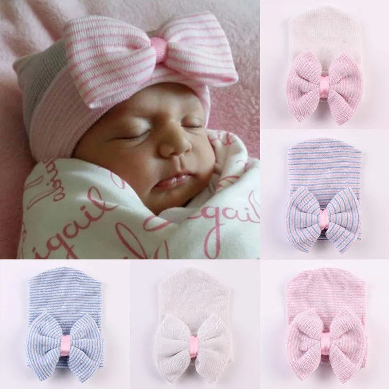 Winter Baby Hat New Cute Newborn Girls Cotton Bow Stripe Beanie Infant Toddler Comfy Hospital Cap Caps | Детская одежда и обувь