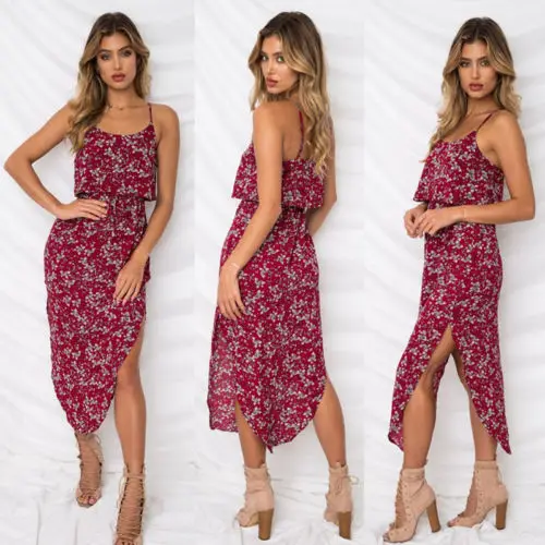 Для женщин Лето Boho короткие Макси Цветочный платье без рукавов Вечерние