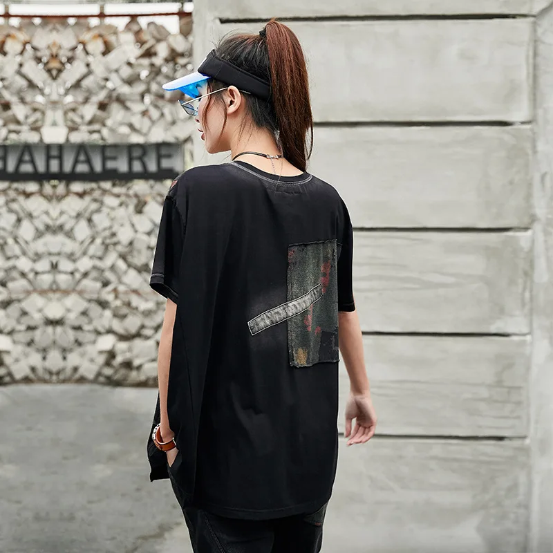 Женская футболка Max LuLu черная винтажная Повседневная в стиле пэчворк Корейском