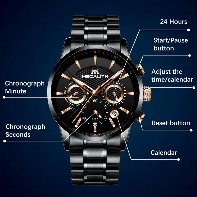 MEGALITH роскошные часы мужские водонепроницаемые Хронограф Дата Военные