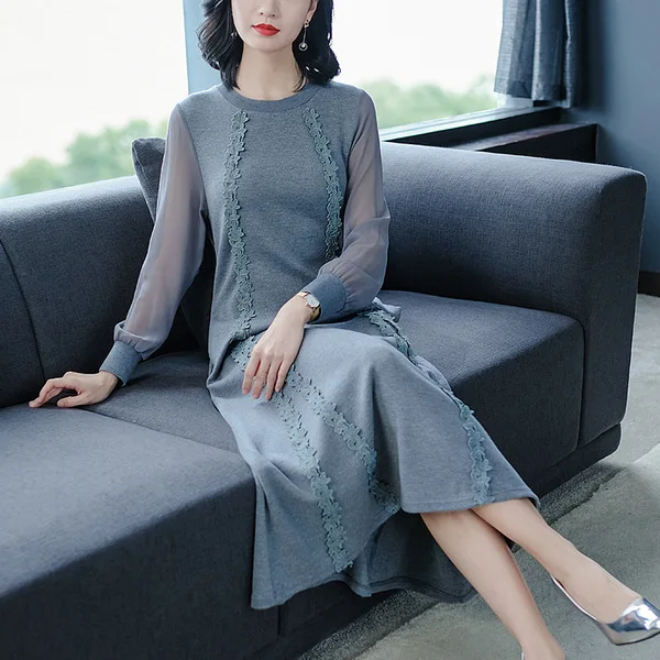 

2018 Autumn New Pattern European Will Code Easy Long Fund Round Neck Long Sleeve Dress Woman A A-line