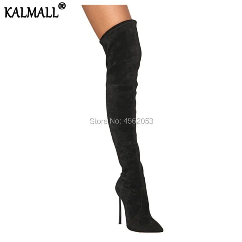 KALMALL/пикантная обувь для подиума женские ботфорты выше колена Botines Mujer черные