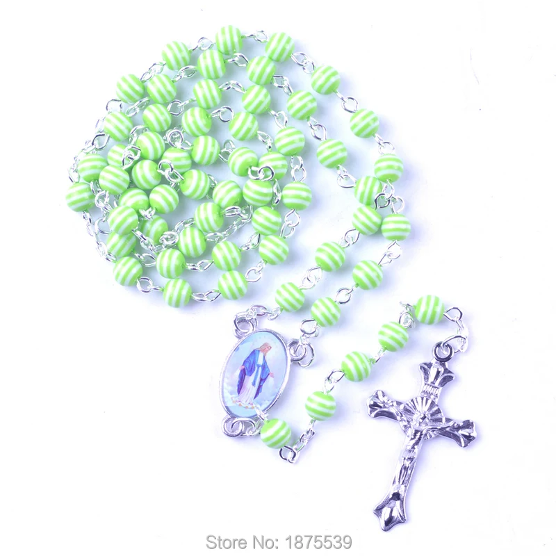 Green Resin Bead Rosary Necklace Center One Side Charbel Another Mother Mary | Украшения и аксессуары