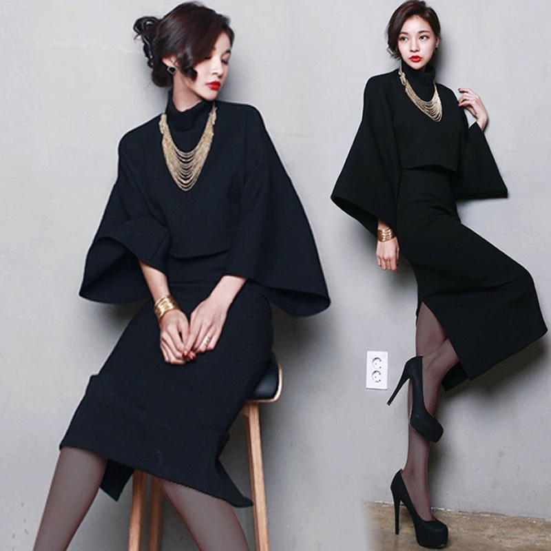 Fashion Woolen Two Piece Set Women Spring Turtleneck Flare Sleev Short Tops And Long Bodycon Skirt Suits Office 2019 Okq126 | Женская