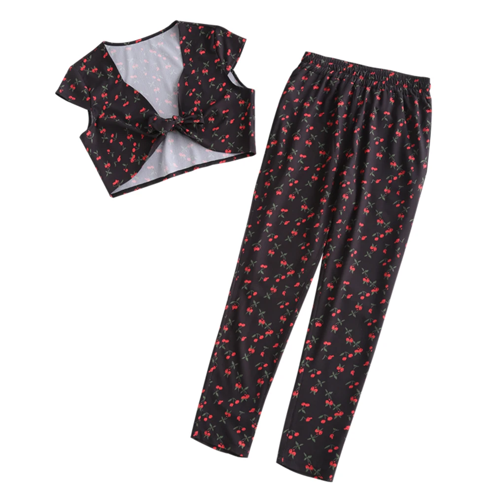 ZAFUL NEW Cherry Crop Top And Pants Two Piece Set Spring Hot Print Short Sleeve Women Sets Fashion Casual Boho Ladies Clothes | Женская