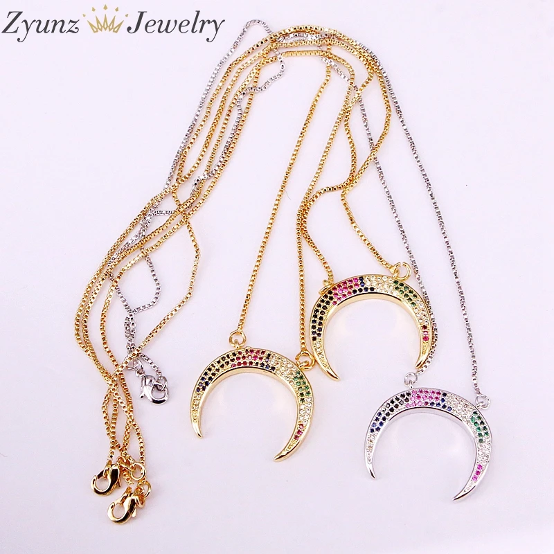 10PCS ZYZ334-7644 double horn rainbow cz pendant women gift crescent moon necklace | Украшения и аксессуары
