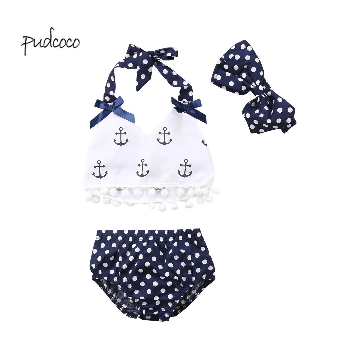 Новинка брендовая одежда для маленьких девочек Pudcoco топ с якорем + трусы в горошек