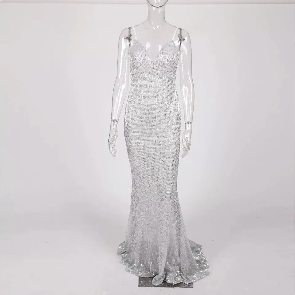 Платье-макси с блестками и V-образным вырезом | Женская одежда