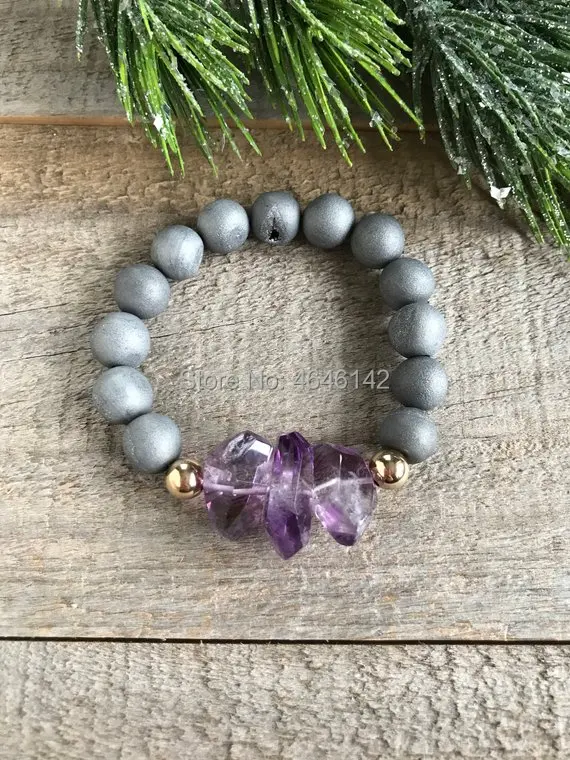 GoldRound Beads Amethyst Nuggets Silver Gray Druzy Agates Boho Stretch Bracelet