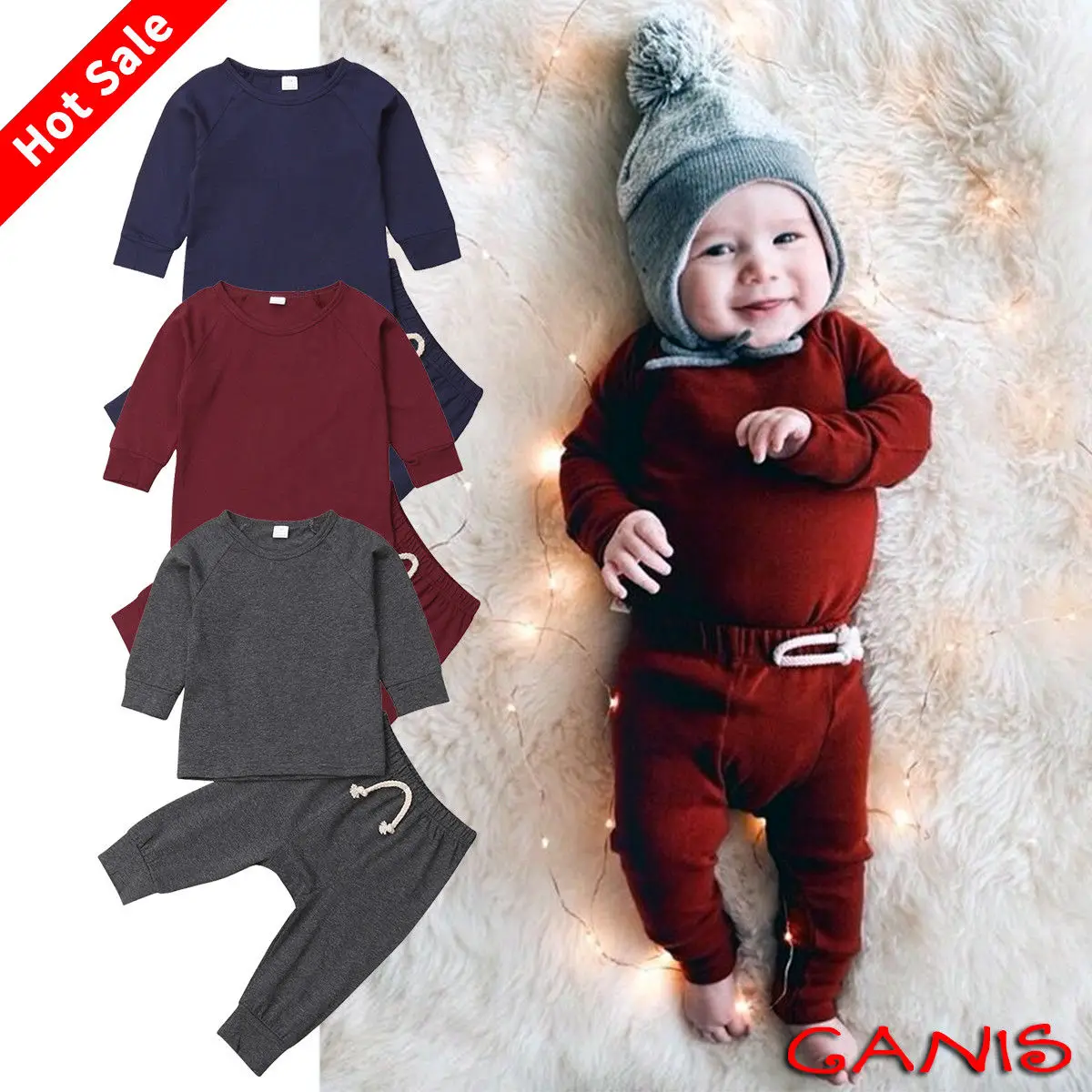 2019 New Cotton Baby Kids Newborn Pajamas PJs Sets Xmas Sleepwear Nightwear Casual Solid Long Sleeve Tops Pants Cloth Set |