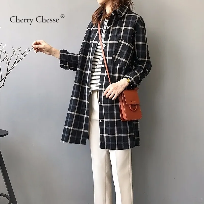 Cherry Chesse Vintage Plaid Women Blouse Button Turn Down Collar Pocket Shirt Female Autumn Spring Tops |