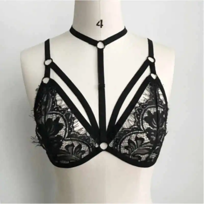 UK Floral Lace Halter Bralette Lined Bra No Pad Crop Top V Neck Exotic Lingerie Sexy Feminina Choker Strap Solid | Тематическая