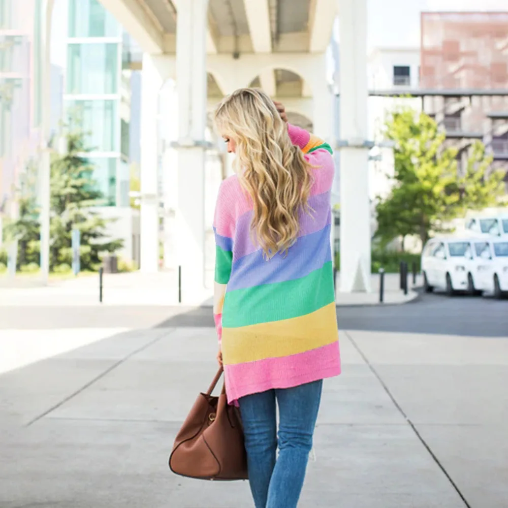 New Sweaters Pattern Suit-dress Colour Rainbow Split Joint Cardigan Sweater jacket women Loose Coat Cross Border |