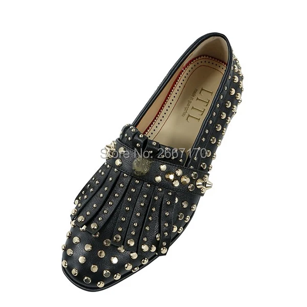 Celebrity Luxury 2019 Spring Summer Party Shoes Male Gold Stone Studded Black Leather Loafers Tasseled Fringe Rivet Men |
