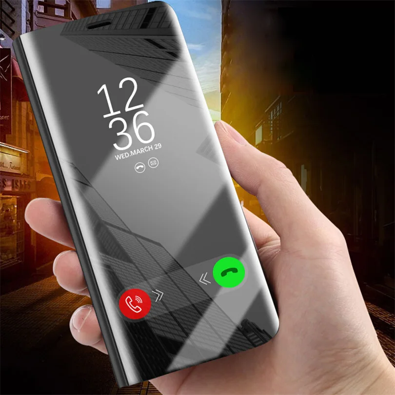 Transparent View Kickstand Mirror Shockproof Phone Case For Huawei Y5 Y6 Y7 Prime 2018 Y9 2019 Waterproof Shelf Cover Anyy | Мобильные