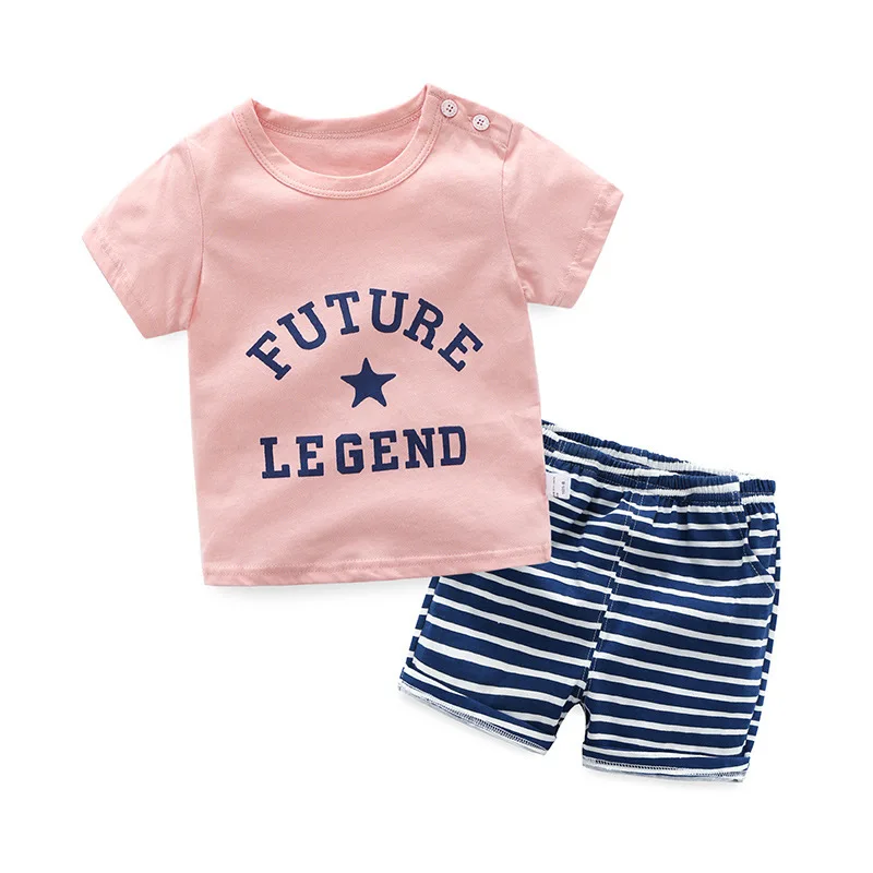 2PCS Korean Cotton Children's Set Cartoon Short-sleeved T-shirt+Striped Shorts Baby Boy Girl Summer Clothes Suit | Детская одежда и