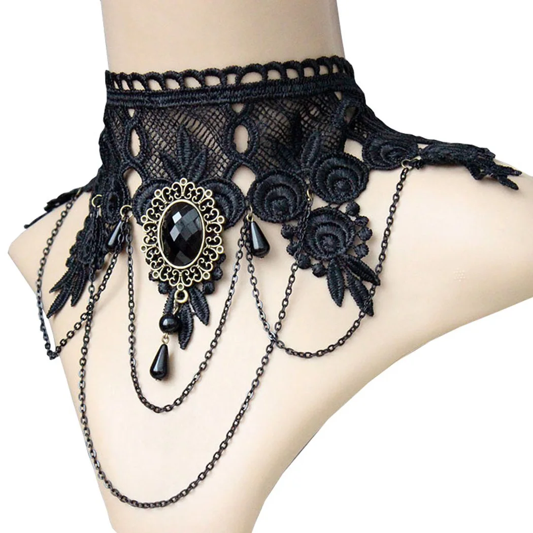 

New Collares Sexy Gothic Chokers Crystal Black Lace Neck Choker Necklace Vintage Victorian Women Chocker Steampunk Jewelry