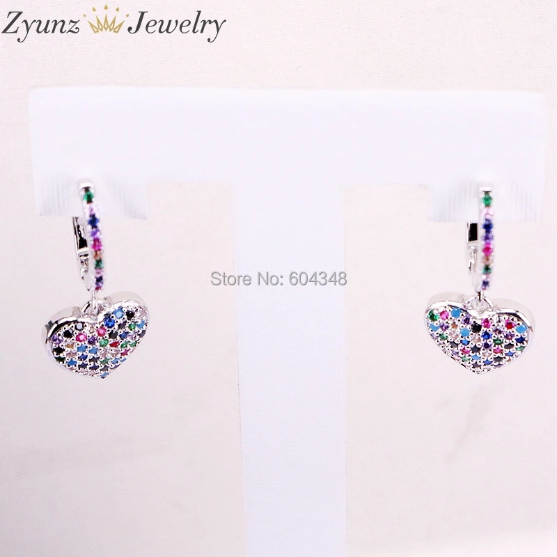 

10Pairs ZYZ339-1294 Heart dangle earring gold/silver color fashion elegance jewelry rainbow zirconia charming full cz jewelry