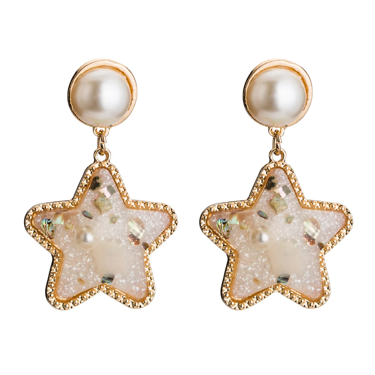 Большие висячие серьги с камнями в виде звезды из смолы и искусственного жемчуга
