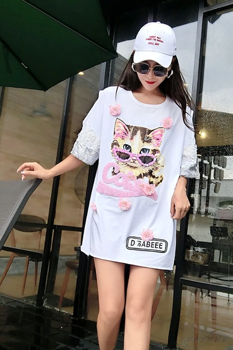 QING MO Cat Футболка с принтом платье для женщин 2019 лето открытыми плечами девочек