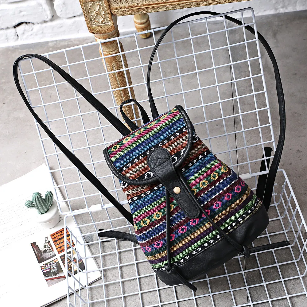Guapabien женщины Drawstring Hasp этнический стиль холст PU Кожа Лоскутное Рюкзак|Женские