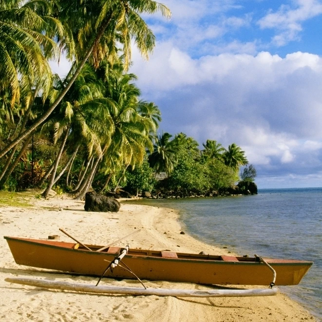 Французская Полинезия Таити белый песок пляж с пальмами и каноэ плакат печать