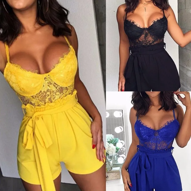 COKAGO Elegant Lace Jumpsuit Women Summer 2019 Sleeveless V Neck Female Jumpsuits Short Sexy Playsuit Push Up Plus Size Rompers | Женская