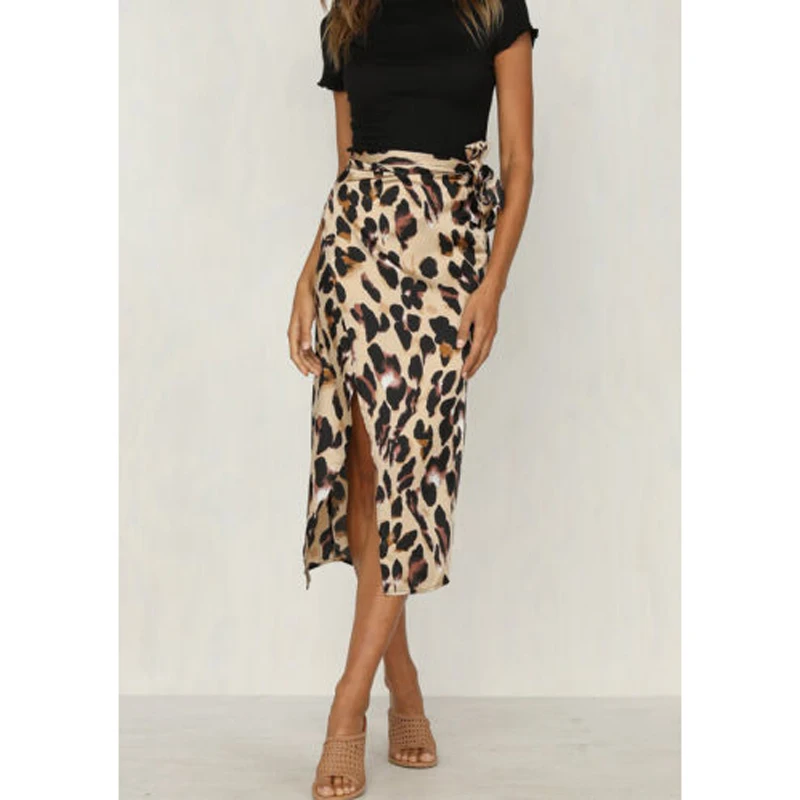 

Women Skirt Leopard Print High Waist Polyester Ladies Sexy Summer Long Pencil Lace Up Skirts Hot 2019