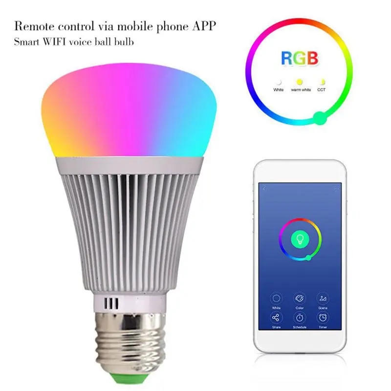 Умная Светодиодная лампа WiFi Беспроводная цветная RGB + W с регулируемой яркостью в