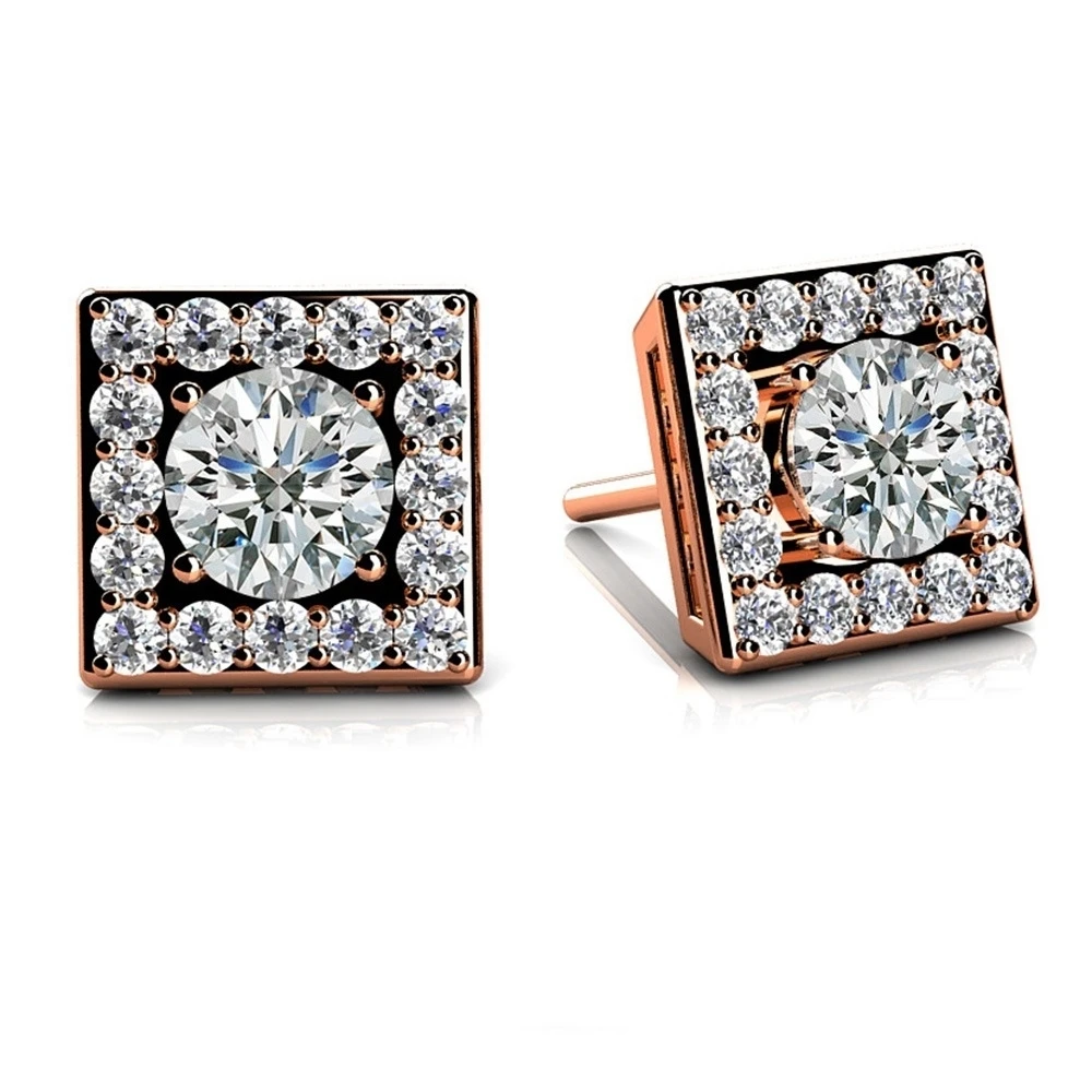 0 88 КТ круглая огранка натуральный со стразами и квадратной Halo Серьги в 18 k Rose Gold (0