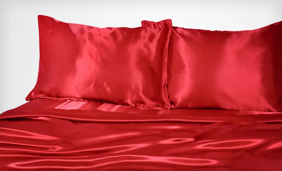 

Luxury Satin Silk Soft QUEEN Bed Fitted Sheet Set - RED BLACK 5