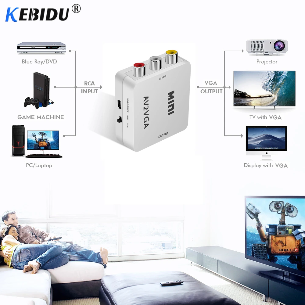 Преобразователь KEBIDU Mini HD AV RCA CVBS в VGA видеоконвертер конвертер AV2VGA адаптер с 3 5 мм