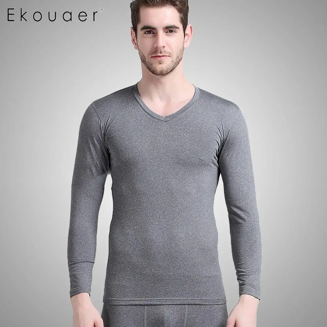 Ekouaer Winter Thermal Underwear Sets Sleepwear Seamless Solid O-Neck Long Sleeve Warm Set Male Therm Johns | Мужская одежда