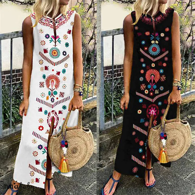 

Women Ladies Summer Sleeveless Holiday Boho Cotton Casual Linen Kaftan Maxi Dress Loose Long Dresses