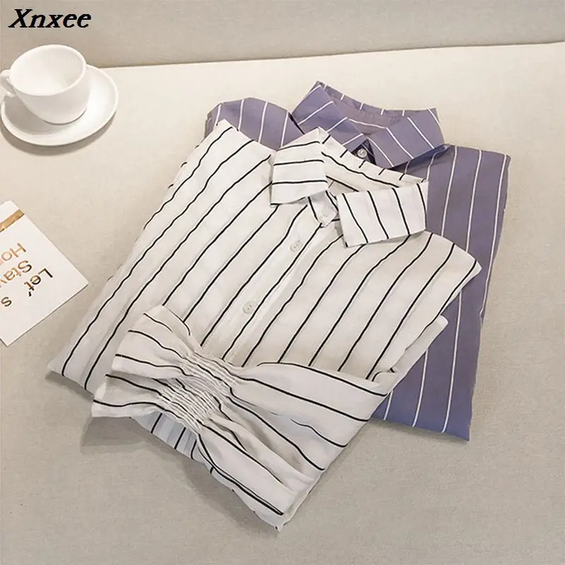 

Women Striped Blouse Shirt Long Flare Sleeve Blouse Turn-down Collar Shirts Casual Tops Blouse Chemisier Femme Blusas Female