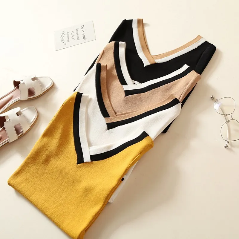 

V-neck knitted t shirt women patchwork short sleeve basic tops autumn 2020 new arrival