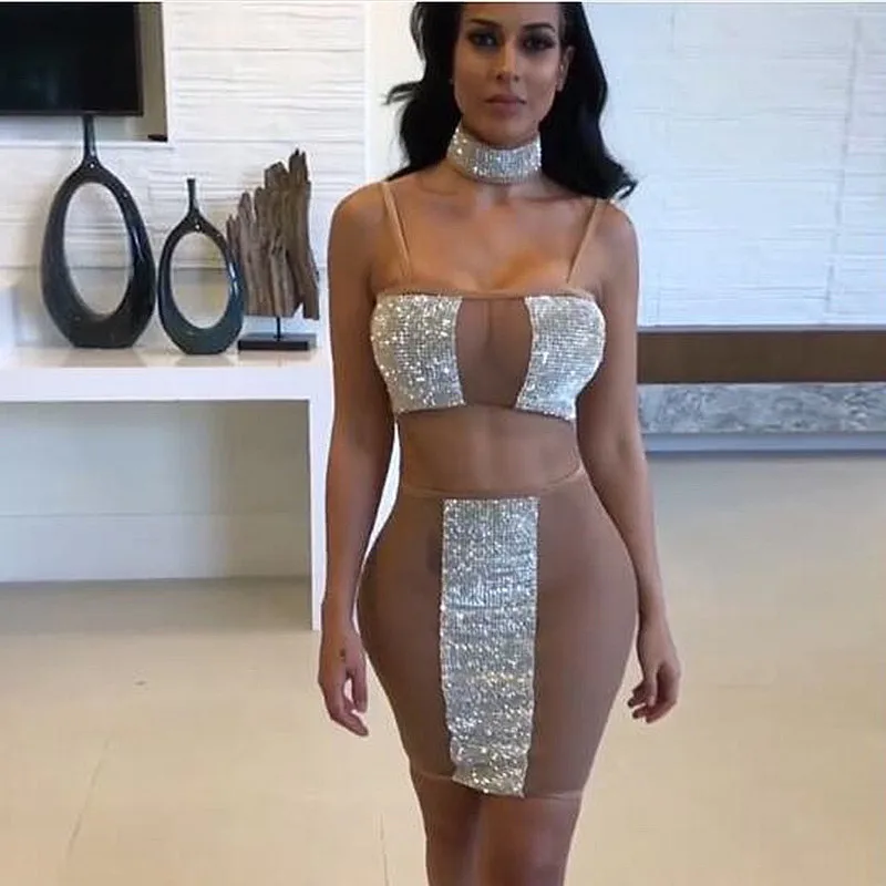 Slaygirl сексуальное платье из двух частей с кристаллами для женщин 2018 мини платья на