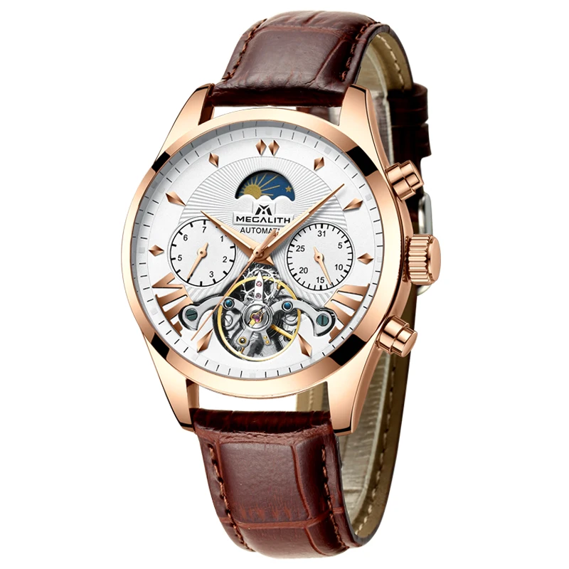 MEGALITH Модные мужские автоматические механические часы Tourbillon кожаные