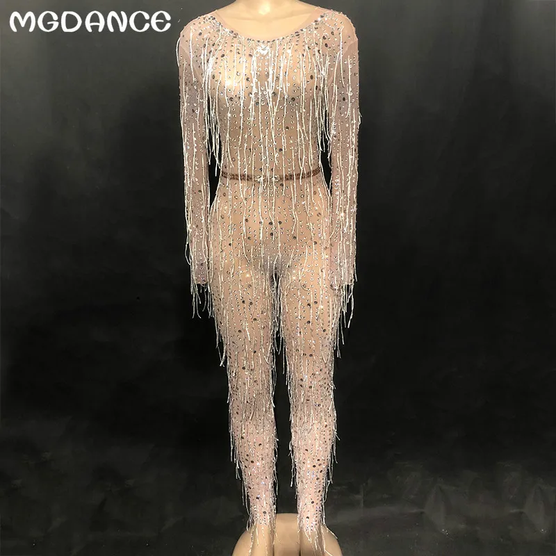 New Woman Mesh Sexy Glisten Silver Rhinestones Jumpsuit Tassel Perspective Evening Costume Women's Dance Wear | Женская одежда