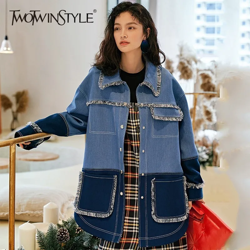 TWOTWINSTYLE хит Цвета джинсовые пальто Для женщин воротник с лацканами | Женские куртки -32980088676