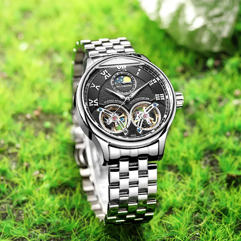 Двойной турбийон Moon Phase часы автоматические механические из нержавеющей стали
